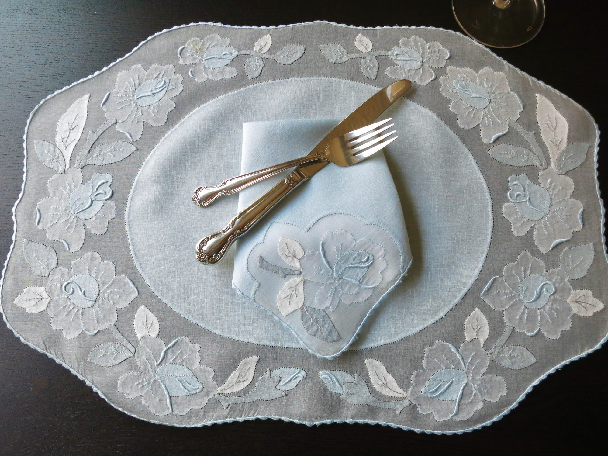 Roses in Blue Vintage Madeira Placemat Set for 8