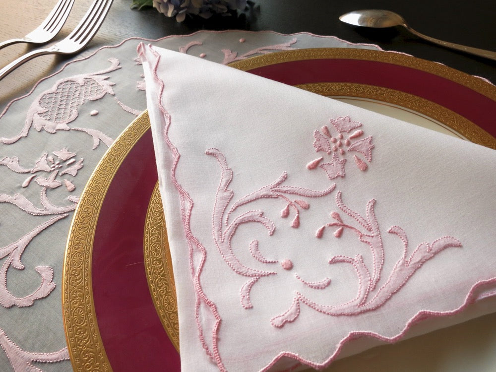 Pink Flourish Vintage Madeira Organdy Placemat Setting for 12