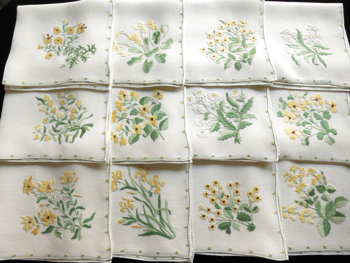 Elaborate Yellow Flowers Italian Rapisardi Hand Embroidered Napkins - Set of 12