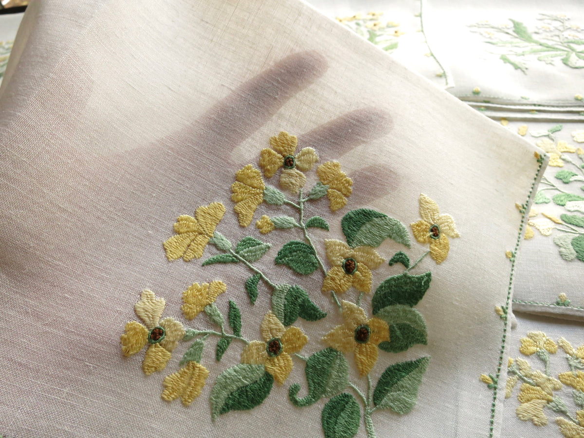 Elaborate Yellow Flowers Italian Rapisardi Hand Embroidered Napkins - Set of 12