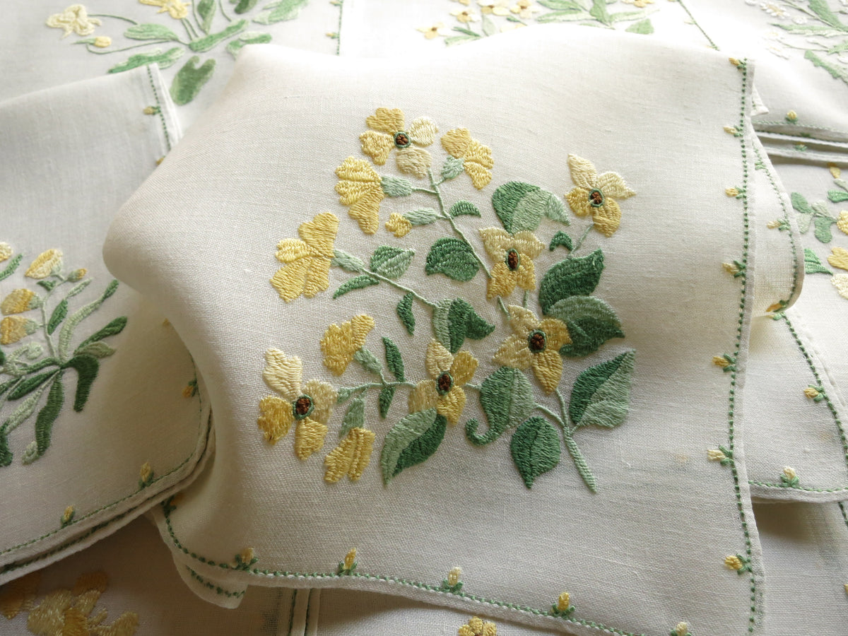 Elaborate Yellow Flowers Italian Rapisardi Hand Embroidered Napkins - Set of 12