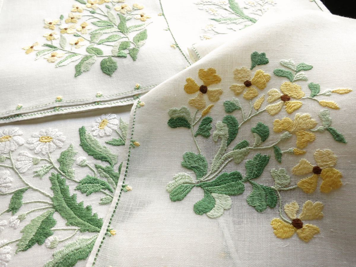 Elaborate Yellow Flowers Italian Rapisardi Hand Embroidered Napkins - Set of 12