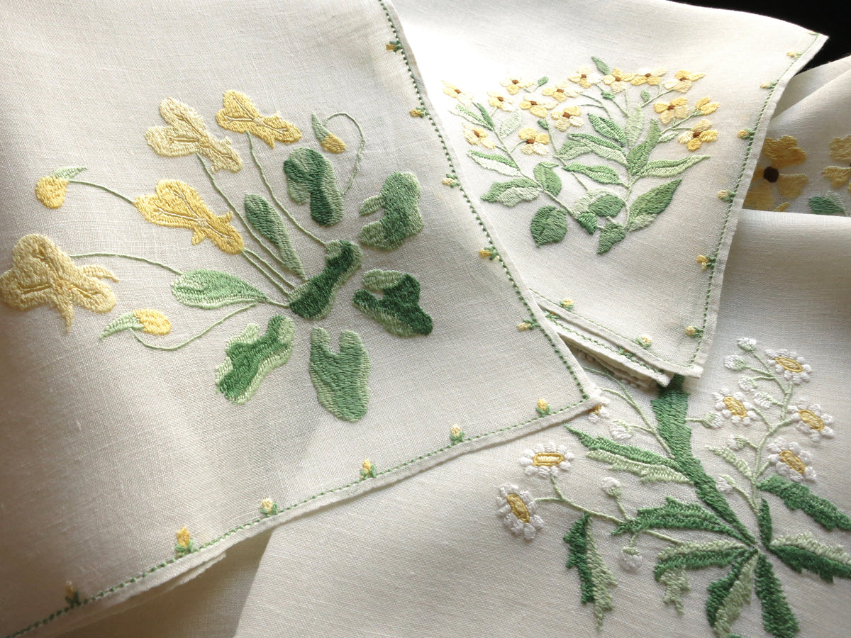 Elaborate Yellow Flowers Italian Rapisardi Hand Embroidered Napkins - Set of 12