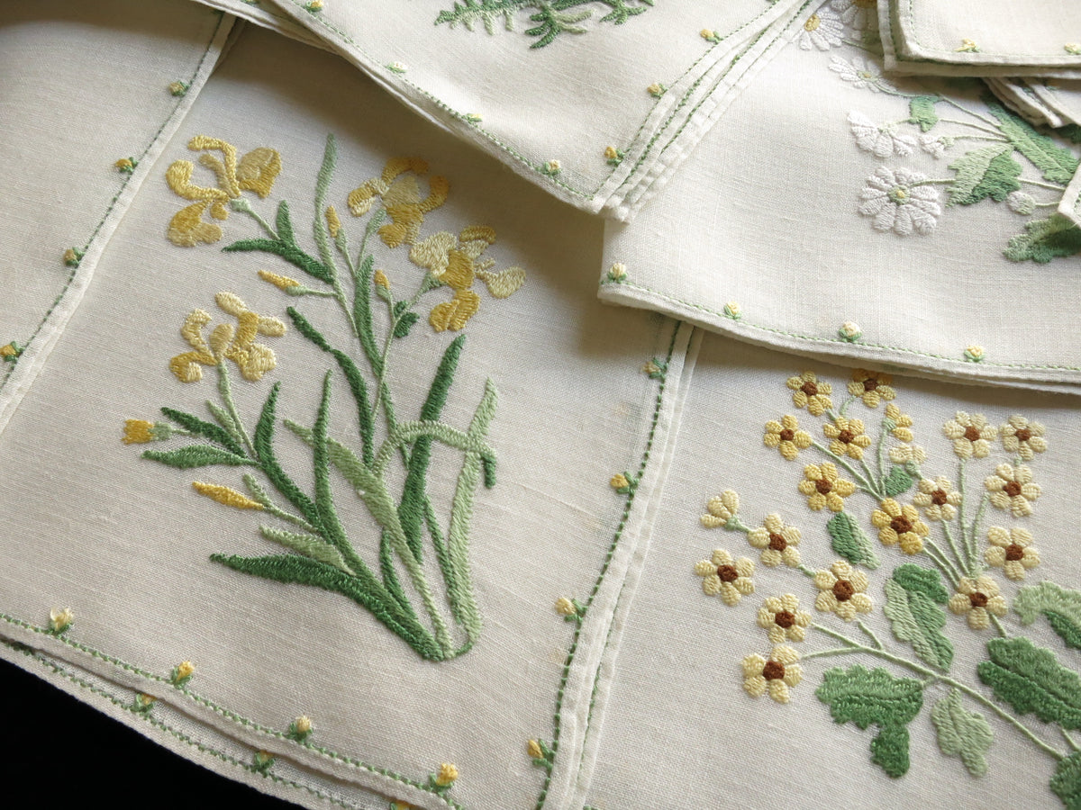 Elaborate Yellow Flowers Italian Rapisardi Hand Embroidered Napkins - Set of 12