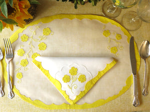 Bright Yellow Flowers Vintage Madeira 16pc Organdy Placemat Set for 8