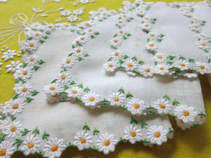 Pretty Daisies Vintage Embroidered Linen Cocktail Napkins, Set of 6