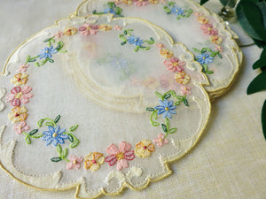 Pretty Flowers Vintage Madeira Organdy Cocktail Rounds, Set of 6