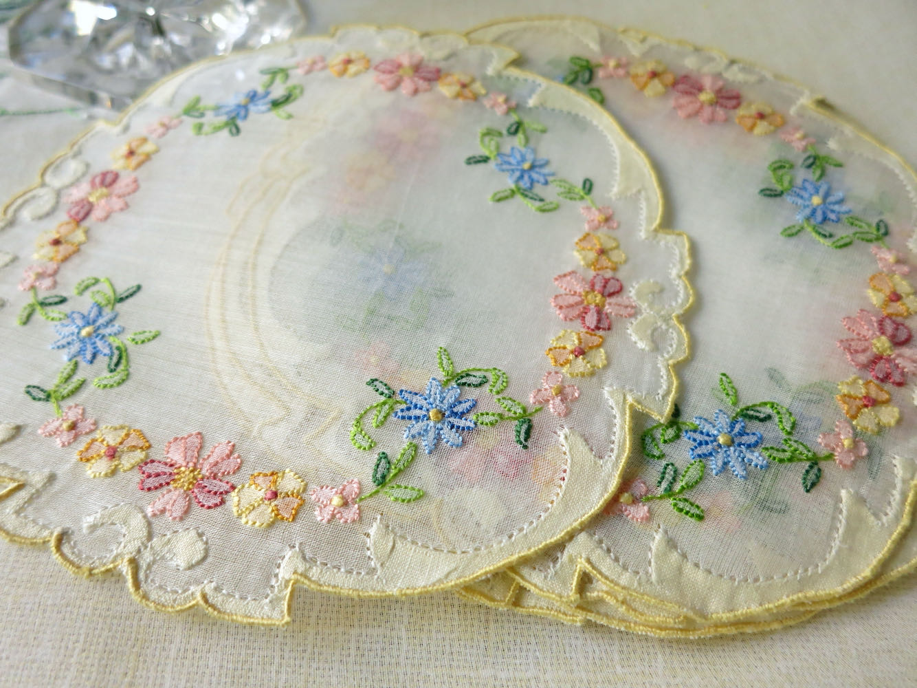 Pretty Flowers Vintage Madeira Organdy Cocktail Rounds, Set of 6