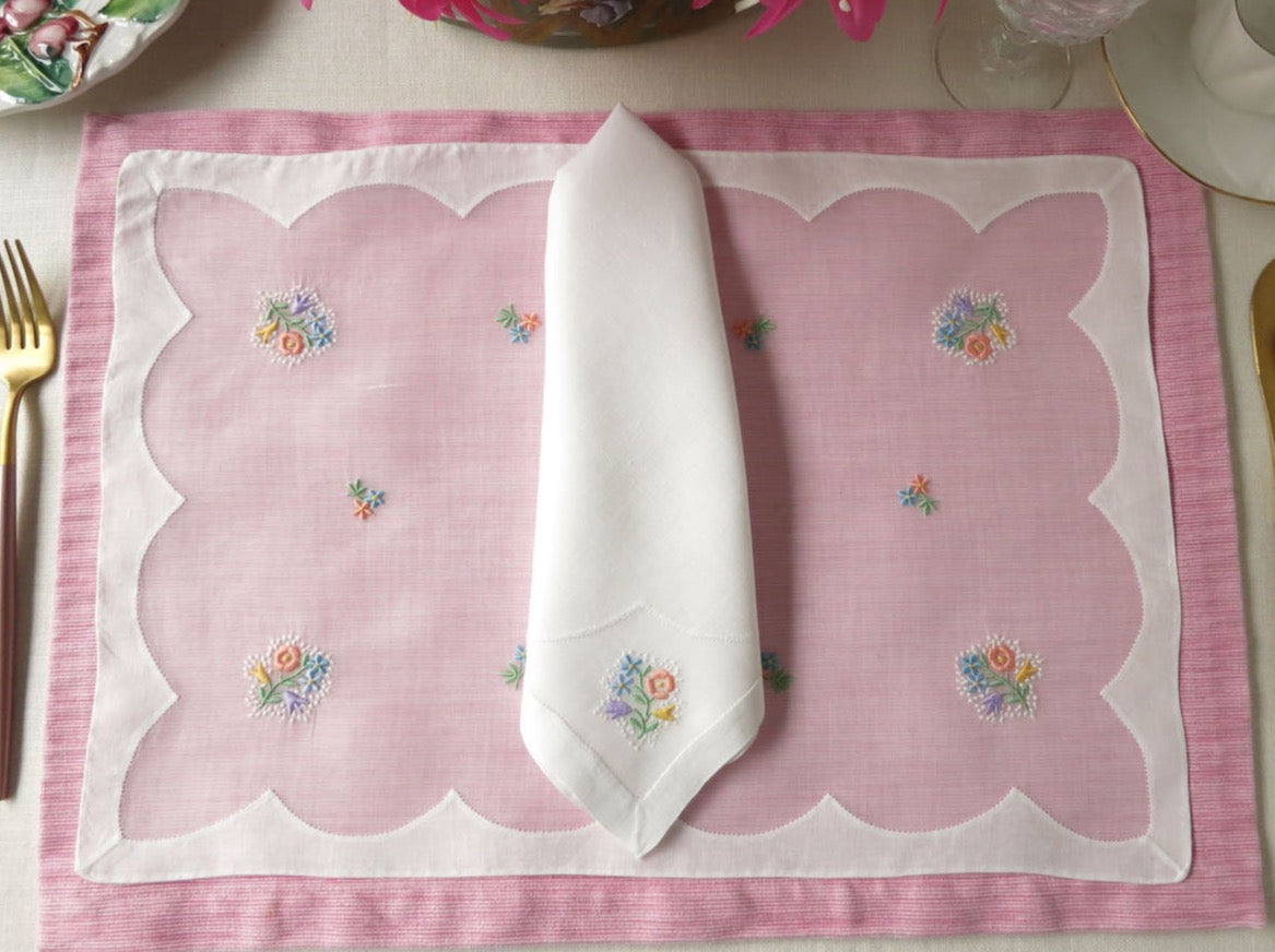 Dainty Flowers Vintage Madeira 17pc Organdy Placemat Set for 8