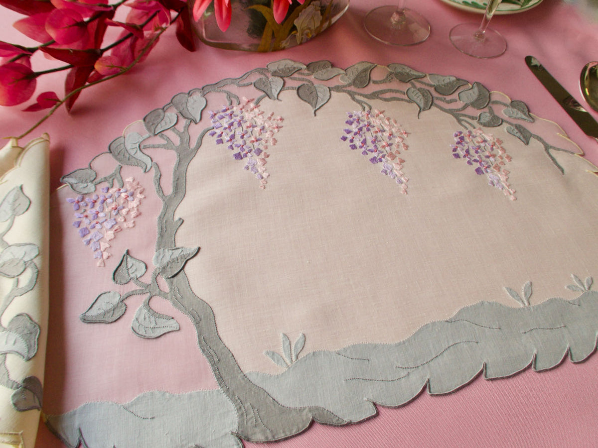 Wisteria Vintage Madeira Linen &amp; organdy 16pc Placemat Set for 8