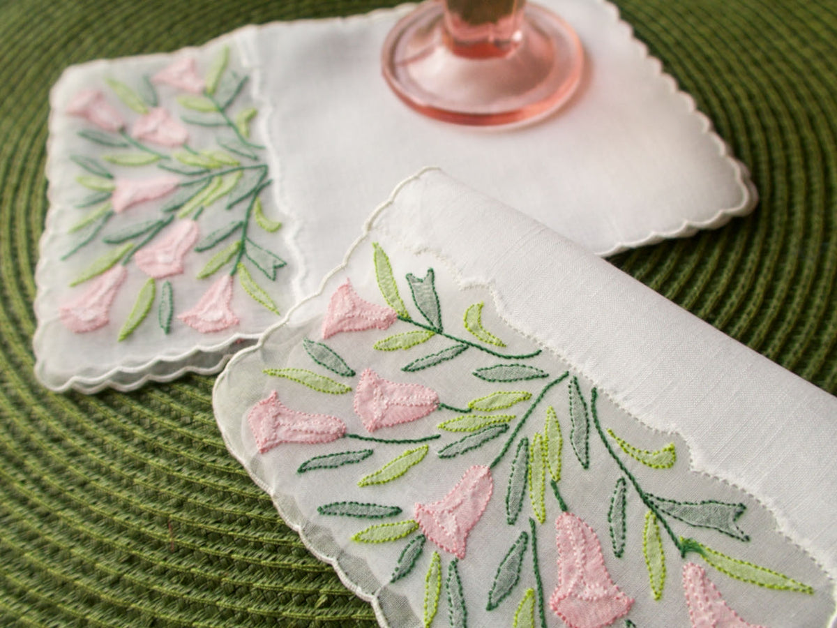 Pink Flowers Vintage Madeira Linen Cocktail Napkins, Set of 6