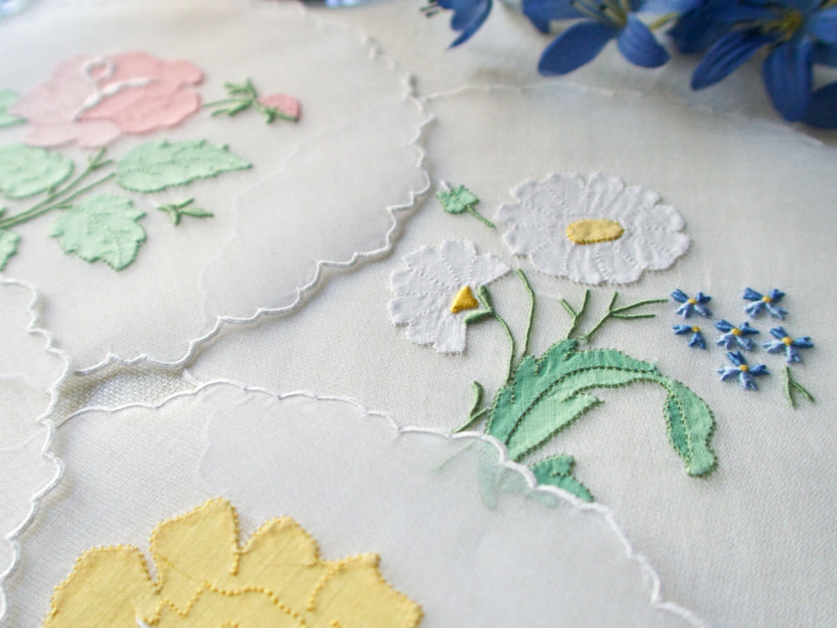 Graceful Flowers Vintage Madeira Organdy Cocktail Rounds, Set of 12