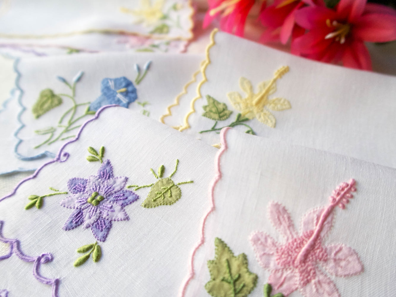 Tropical Flowers Vintage Madeira Linen Cocktail Napkins, Set of 8