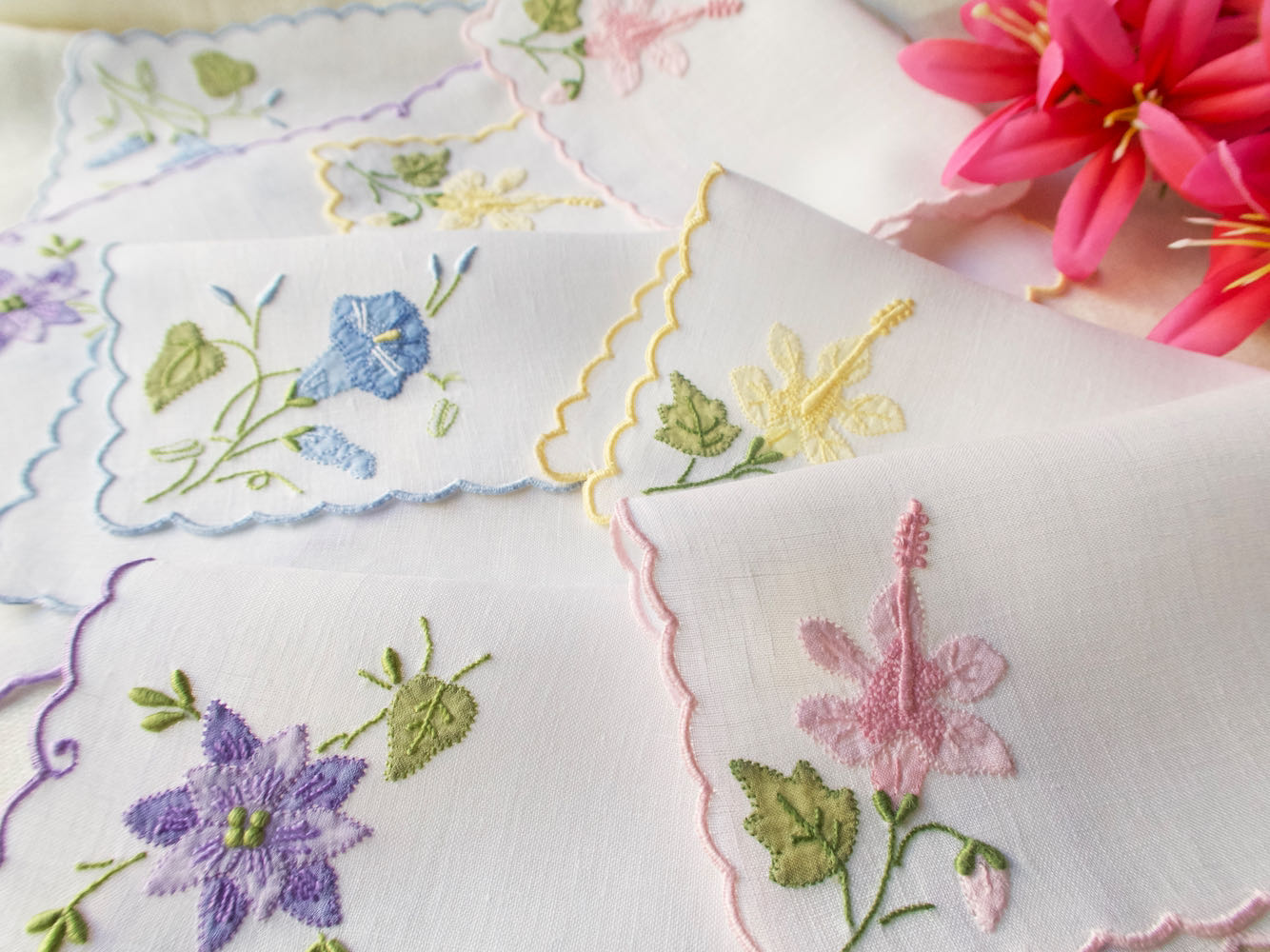 Tropical Flowers Vintage Madeira Linen Cocktail Napkins, Set of 8