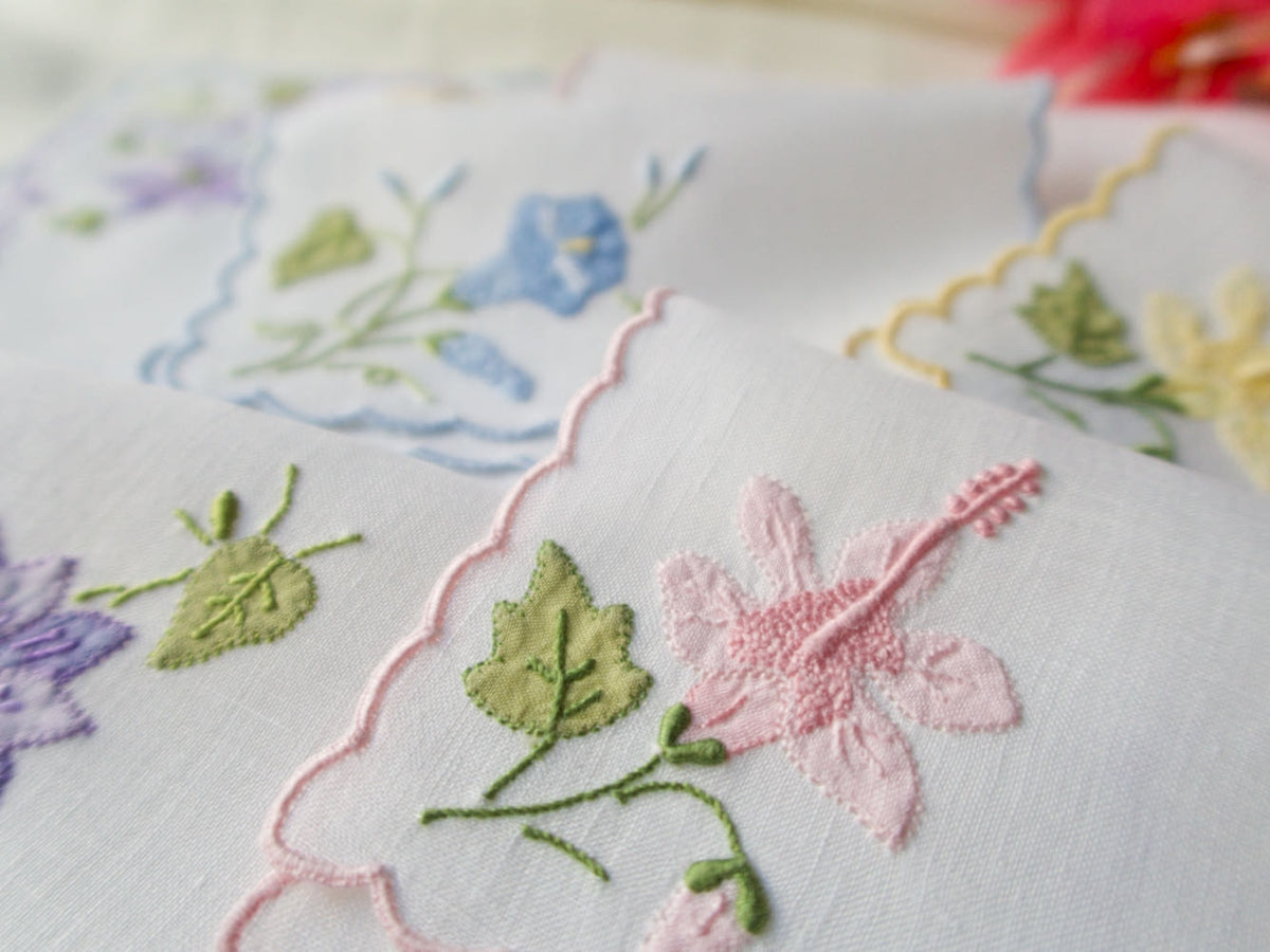 Tropical Flowers Vintage Madeira Linen Cocktail Napkins, Set of 8