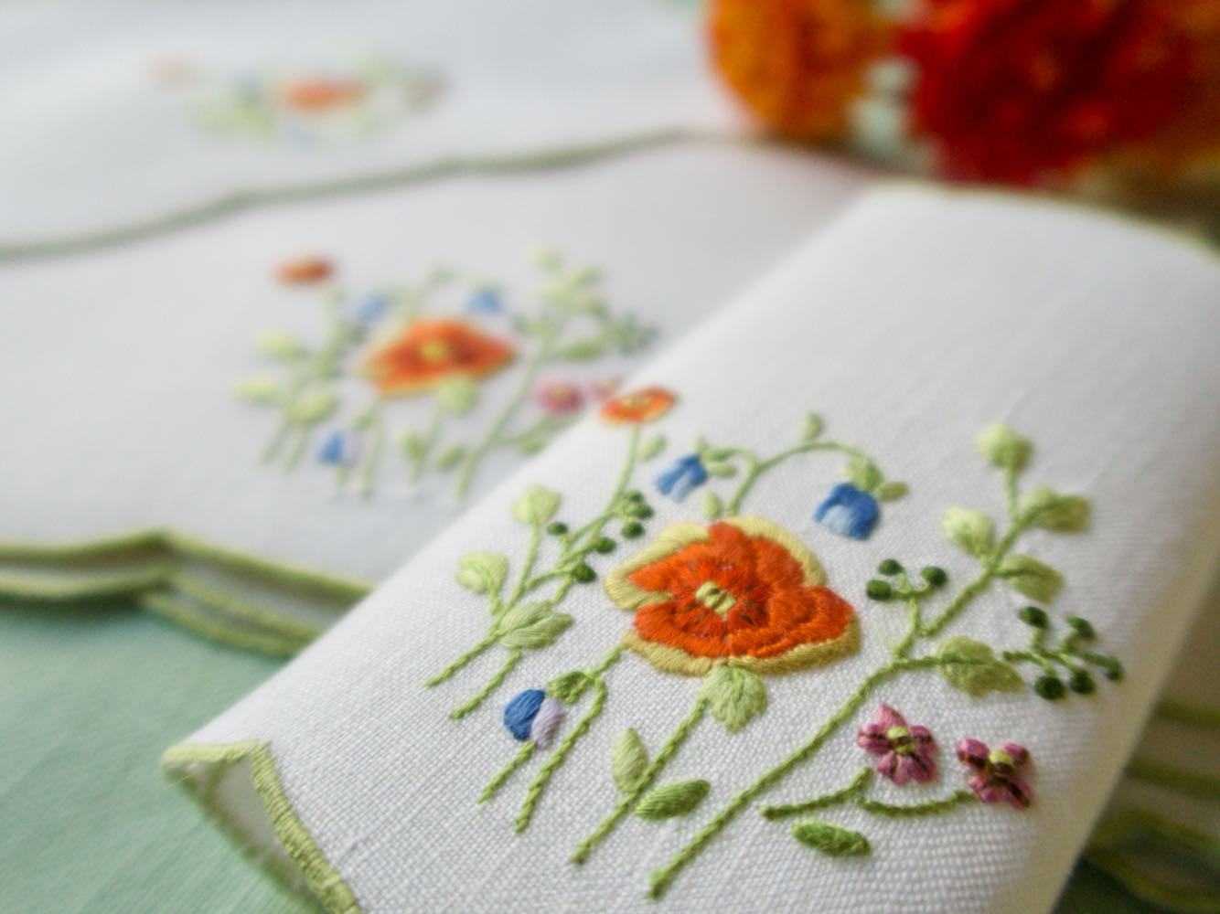 Poppies Vintage Madeira Linen Cocktail Napkins, Set of 6