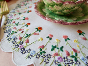 Detailed Flowers Vintage Linen Hand Embroidered Placemats, 8 Count