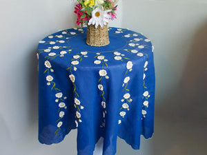 Cottage Daisies on Blue Round Linen Tablecloth 68"