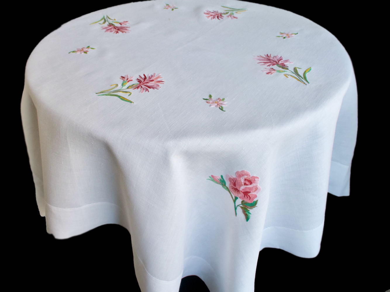 Vintage French Beauvais Hand Embroidered Linen Tablecloth 46x48"