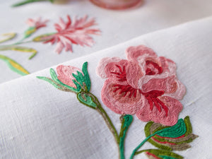 Vintage French Beauvais Hand Embroidered Linen Tablecloth 46x48"