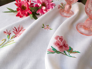 Vintage French Beauvais Hand Embroidered Linen Tablecloth 46x48"