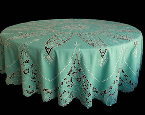 Vintage Aqua Madeira Hand Embroidered 76" Tablecloth & 6 Napkins