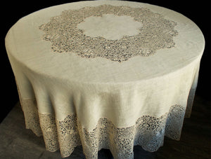 Vintage Italian Cantu Lace & Linen Round Tablecloth 98"