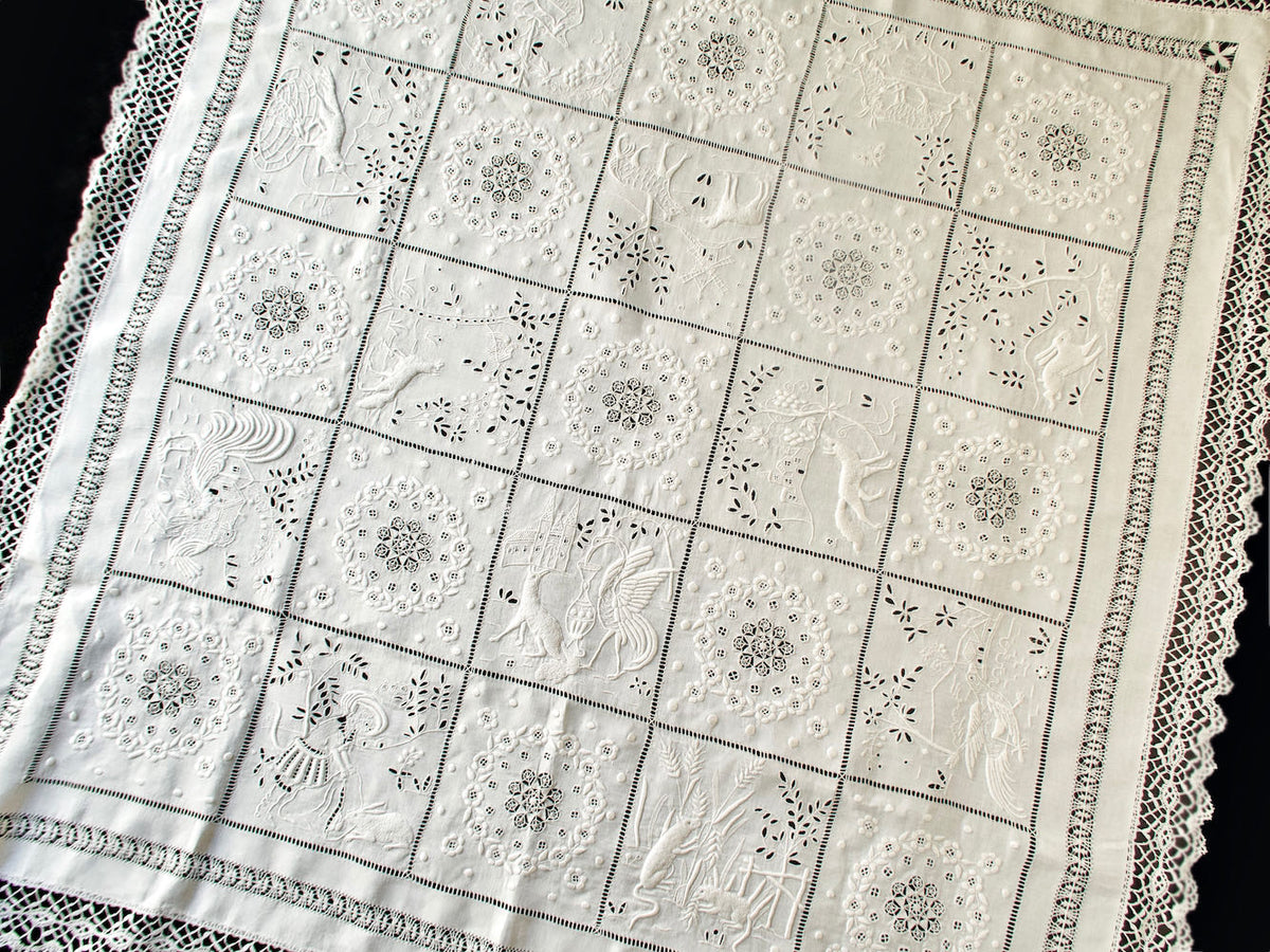 French Fables Antique French Whitework Embroidered Tablecloth