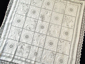 French Fables Antique French Whitework Embroidered Tablecloth