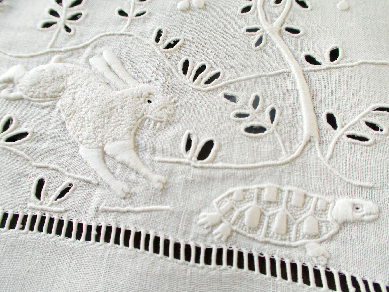 French Fables Antique French Whitework Embroidered Tablecloth