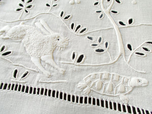 French Fables Antique French Whitework Embroidered Tablecloth