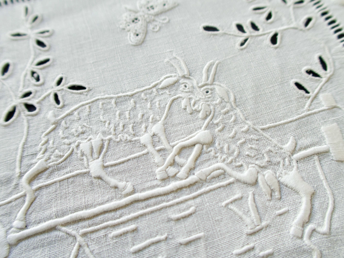 French Fables Antique French Whitework Embroidered Tablecloth