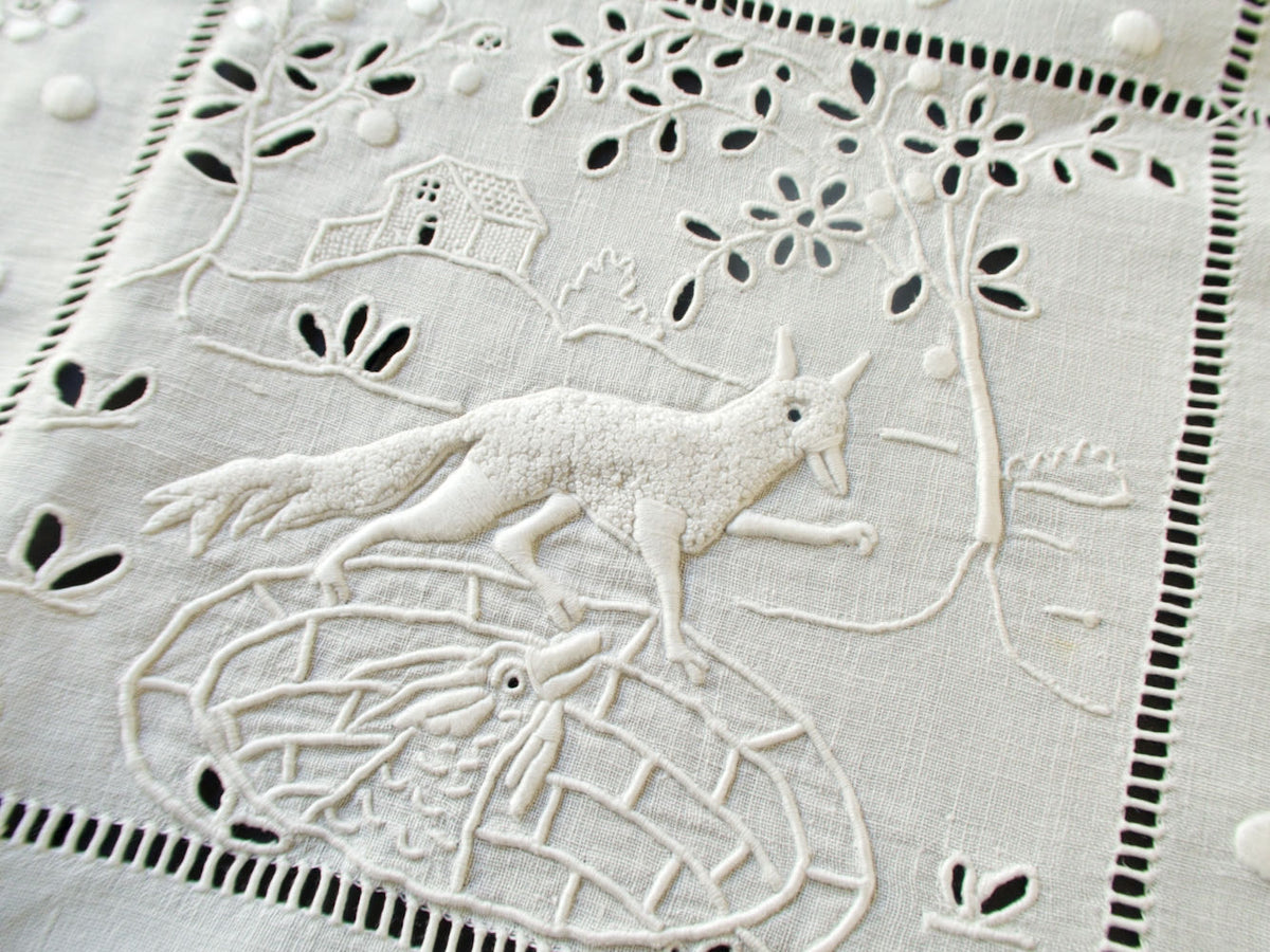 French Fables Antique French Whitework Embroidered Tablecloth