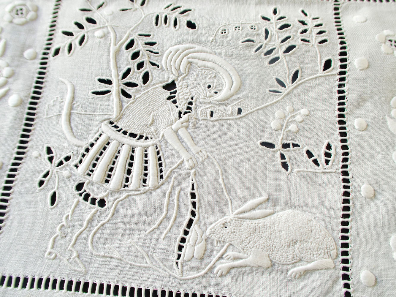 French Fables Antique French Whitework Embroidered Tablecloth