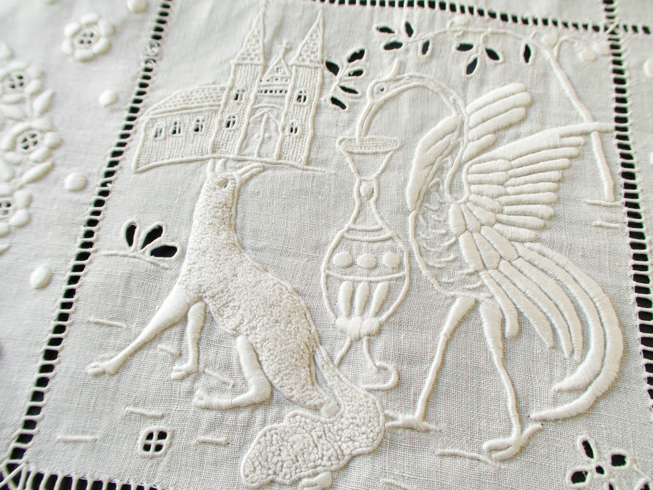 French Fables Antique French Whitework Embroidered Tablecloth