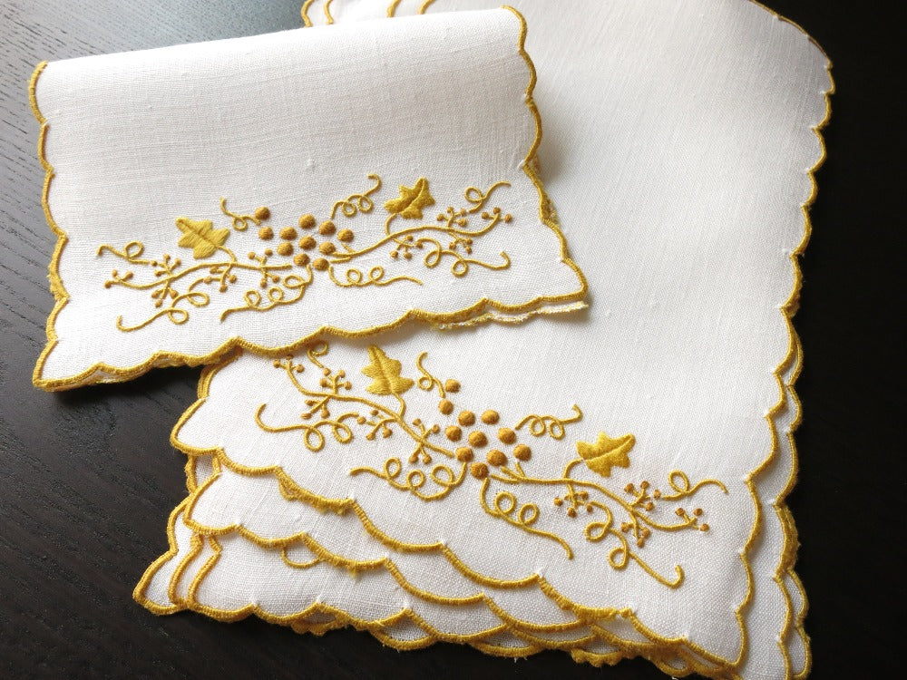 Golden Grapes Vintage Madeira Linen Cocktail Napkins ~ Set of 6