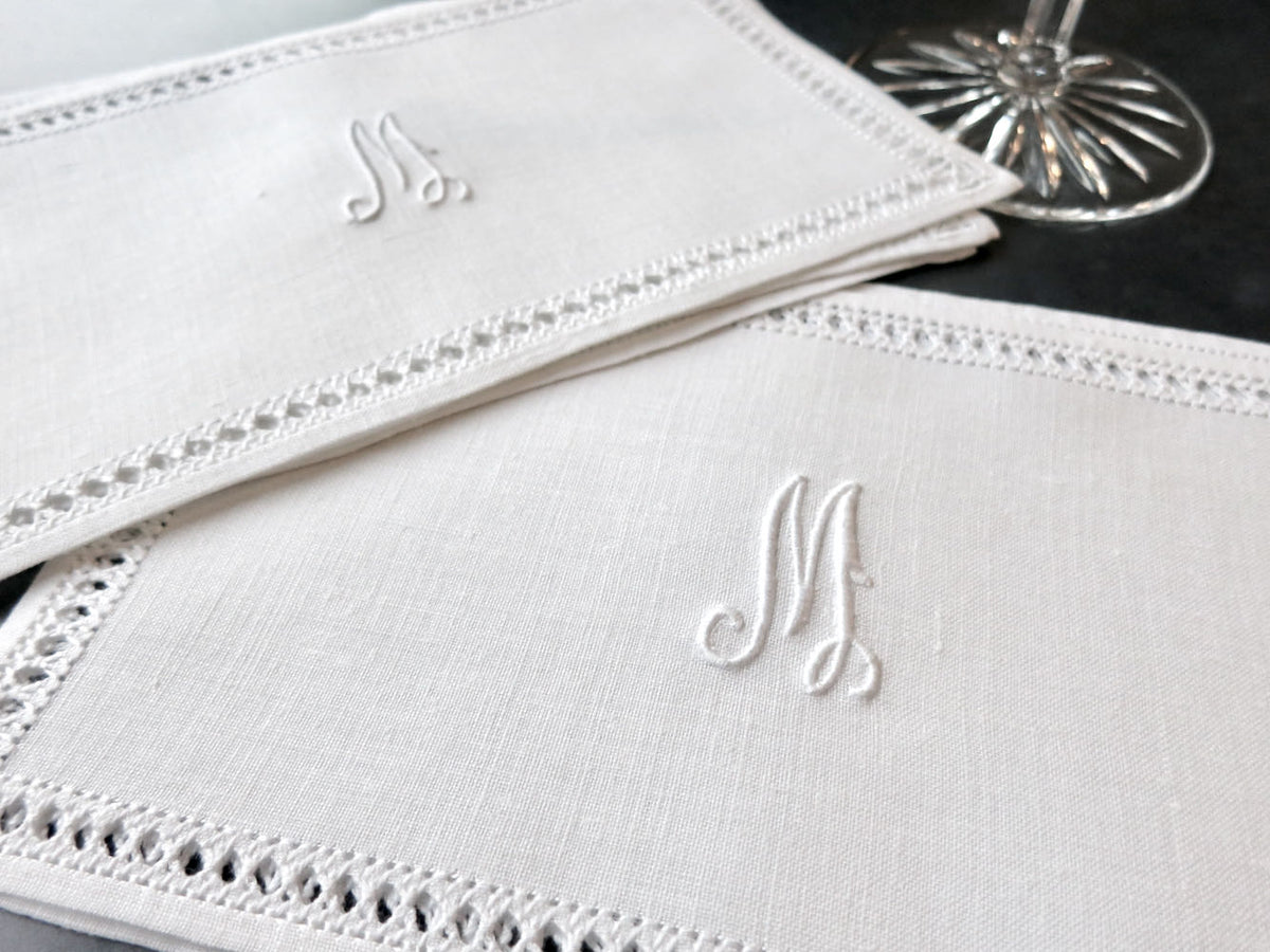 &quot;M&quot; Monogram Vintage Italian Linen Cocktail Napkins, Set of 6