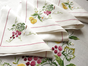 Colorful Fruits Vintage French Embroidered 42x43" Tablecloth plus 4 Napkins