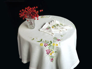 Colorful Fruits Vintage French Embroidered 42x43" Tablecloth plus 4 Napkins