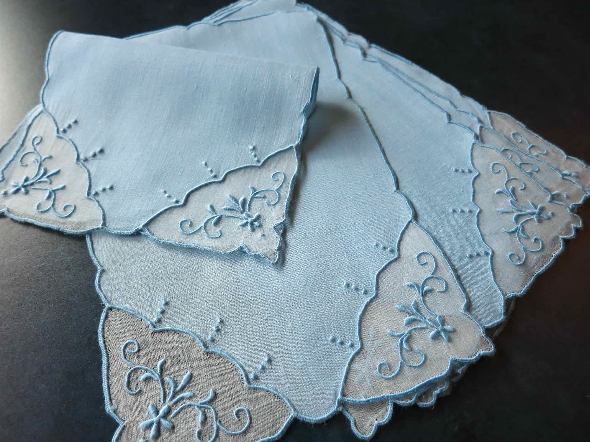 Elegant in Blue Vintage Madeira Linen Cocktail Napkins - Set of 6