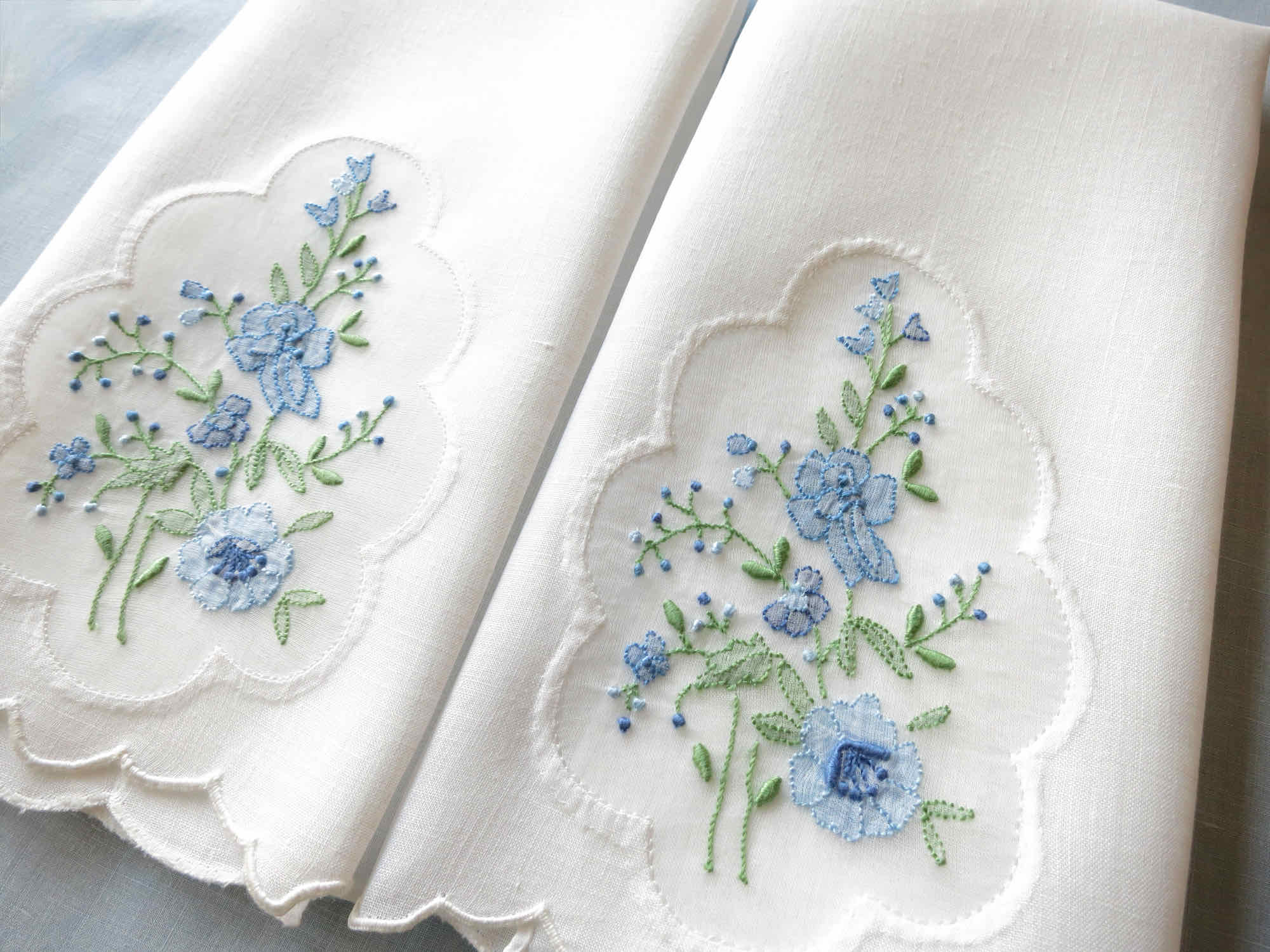 Blue Flowers Vintage Madeira Linen Guest Towels - Set of 2
