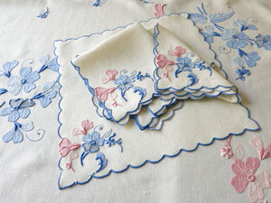 Pink & Blue Flowers Vintage Madeira Linen 51" Tablecloth, 6 Napkins