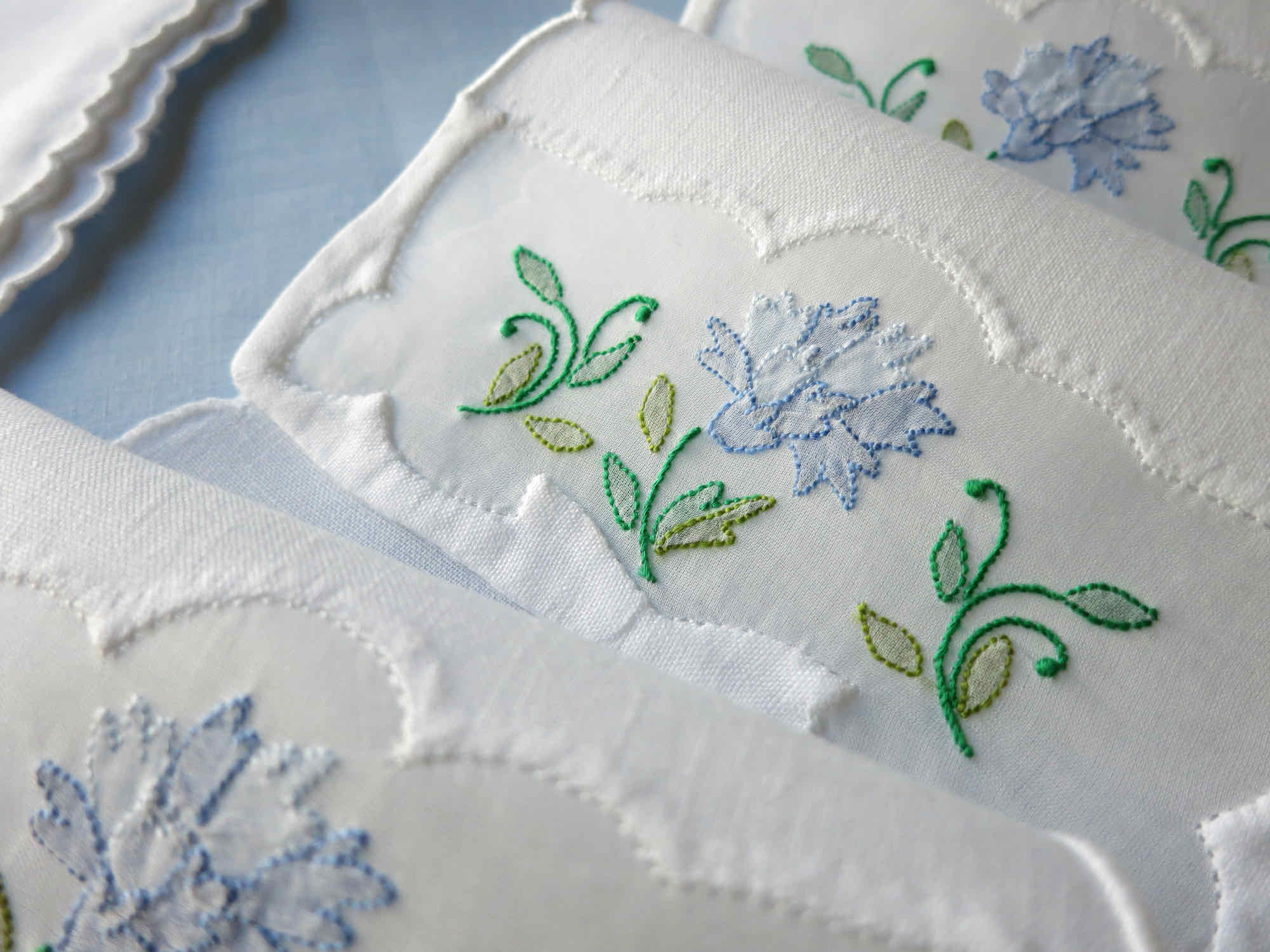 Blue Dianthus Flowers Vintage Madeira Linen Cocktail Napkins - Set of 6