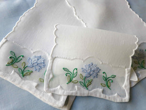 Blue Dianthus Flowers Vintage Madeira Linen Cocktail Napkins - Set of 6