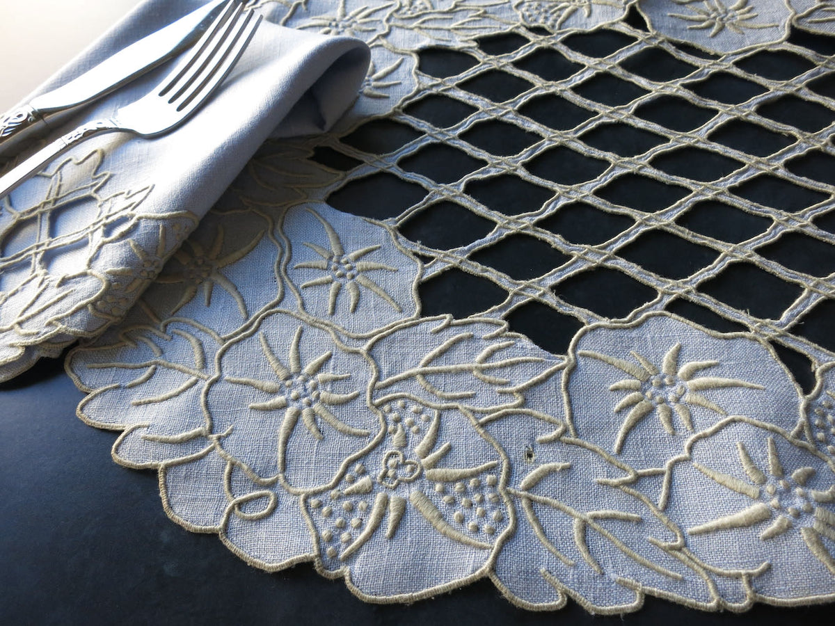 Blue Lattice Vintage Hand Embroidered 25pc Linen Placemat Set for 12