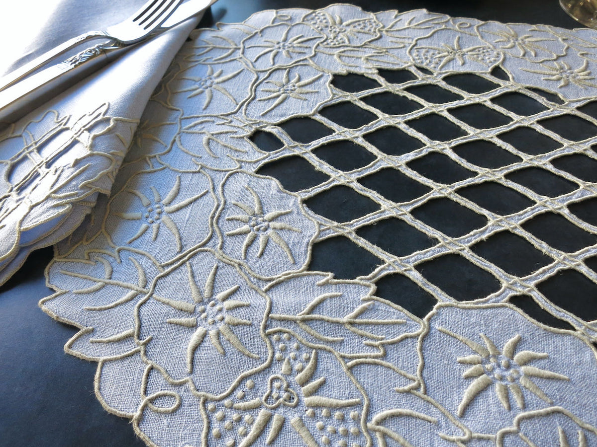 Blue Lattice Vintage Hand Embroidered 25pc Linen Placemat Set for 12