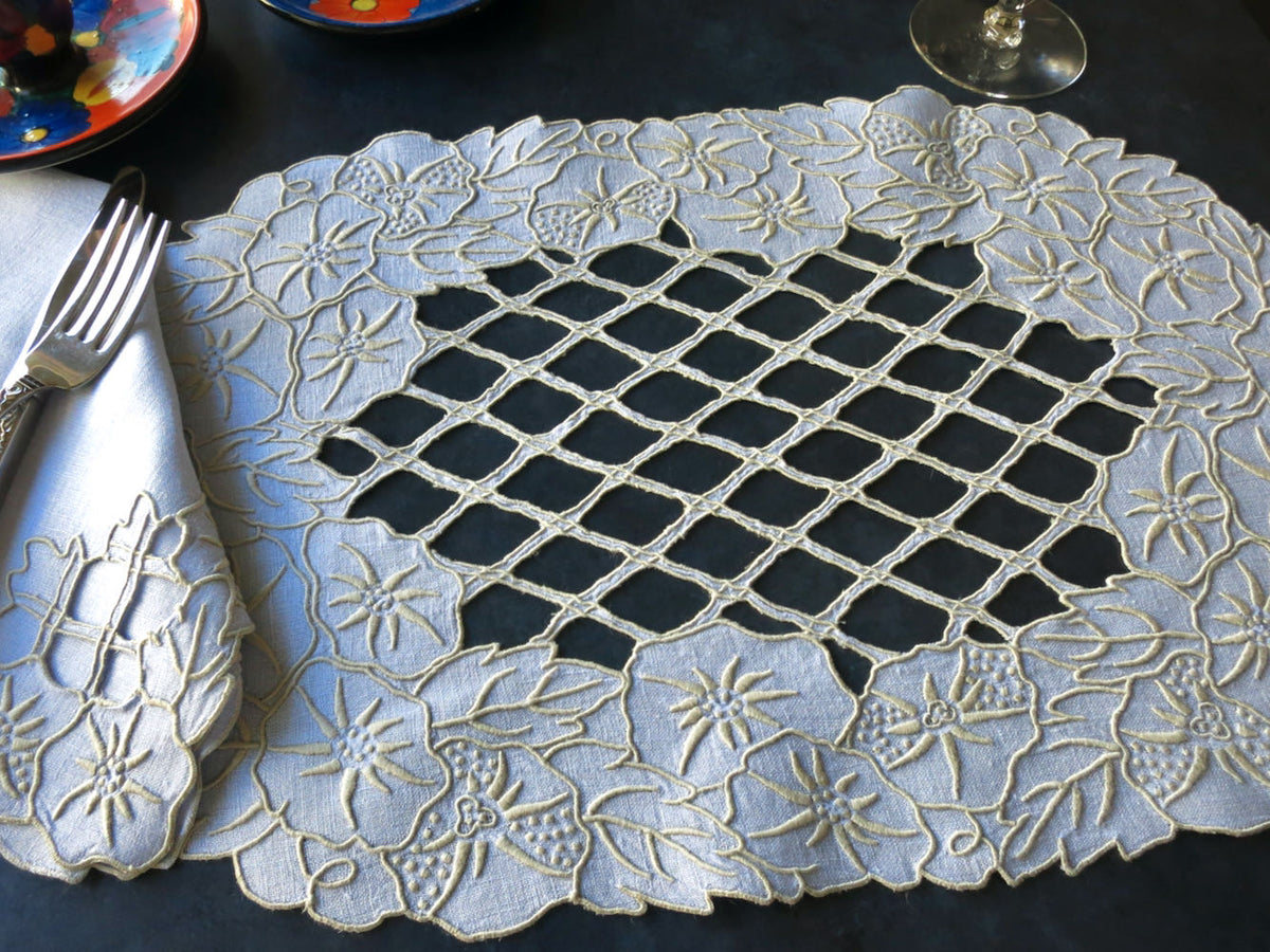 Blue Lattice Vintage Hand Embroidered 25pc Linen Placemat Set for 12