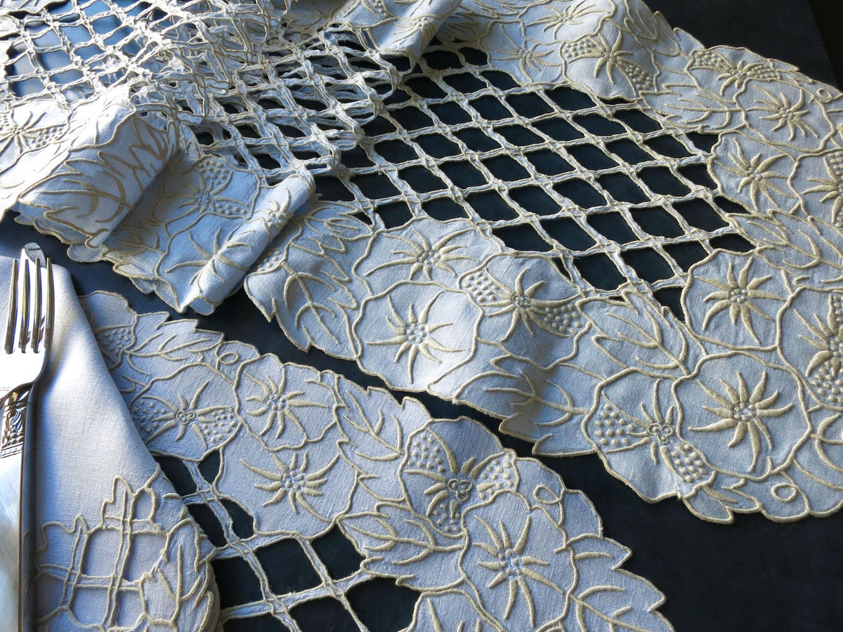 Blue Lattice Vintage Hand Embroidered 25pc Linen Placemat Set for 12