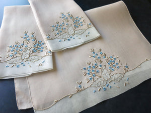 Blue Flowers & Leaves Vintage Madeira Linen Guest Towels, Set of 3