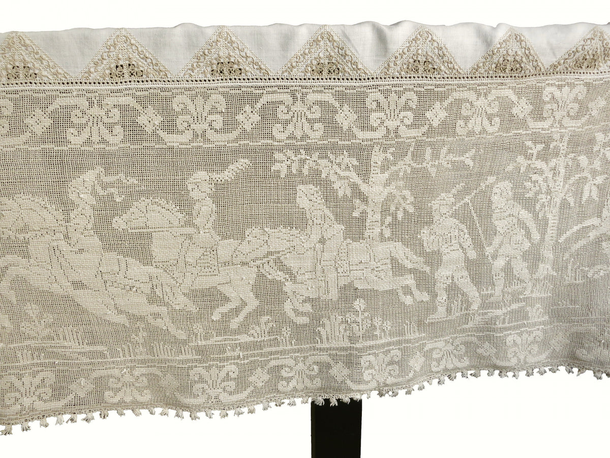 Medieval Hunt Antique Italian Buratto Lace Tablecloth 64x108&quot;